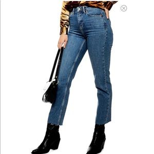 Mid Blue Raw Hem Straight Jeans. New w no Tags